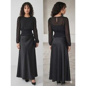 Express Womens Black Eyelash Dot Smocked Waist Long Sleeve Blouse‎ XS Victorian